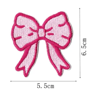 Pink bow embroidery patch for clothing bags hat decoration, cute DIY accessory, 5.5x6.5cm.