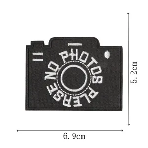 Close-up detail of the black and white camera embroidered patch, perfect for DIY clothing decoration.