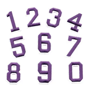 Set di toppe ricamate con numeri viola, cifre da 0 a 9 stemma in stoffa per abbigliamento e uniforme.