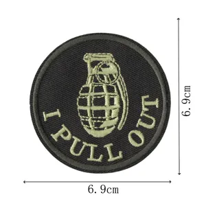 Tactical embroidered morale patch with grenade design and funny text, durable hook and loop fastener.
