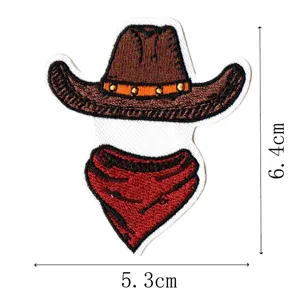 Close-up of western cowboy hat and red bandana embroidered patch for DIY clothing repair.