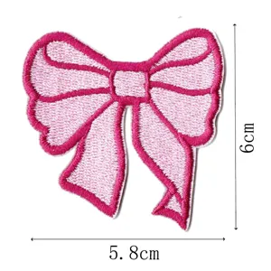 Pink bow embroidered patch, detailed fabric applique for clothing, bags and hat decor.