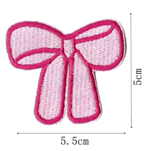 Pink bow embroidered patch cute fabric applique for clothing bags hats diy 5x5.5cm