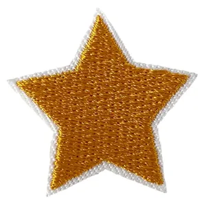Gold embroidered star patch for clothing, jacket, and hat decoration. Premium iron-on fabric badge.