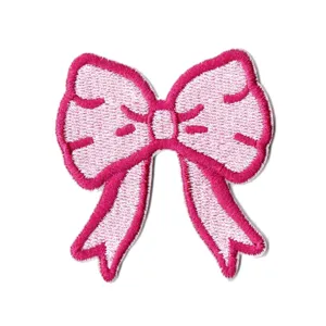 Pink bow embroidered patch for clothing, bags and hats decoration, cute fabric applique.