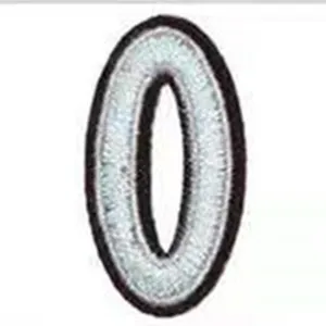 Close-up of embroidered number zero patch with black border, iron-on fabric sticker.