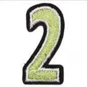 Close-up view of the number 2 embroidered iron-on patch detail showing green and black stitch
