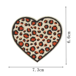 Leopard heart print heart embroidery patch close-up view, displaying high quality texture details.