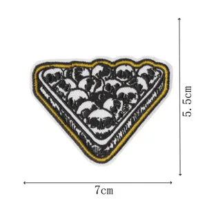 Detailed view of a creative embroidered patch with triangle billiard design for clothing decoration.