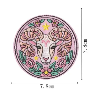 Retro aesthetic Aries constellation embroidery patch dreamy pink round badge DIY iron on