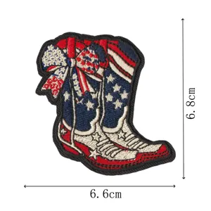 American flag cowboy boot embroidered patch with bow detail for clothing DIY decoration 6.8x6.6cm