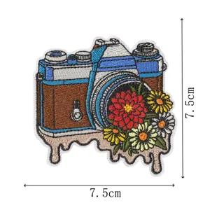 Vintage camera embroidered patch with colorful flowers and melting design for diy clothes decoration
