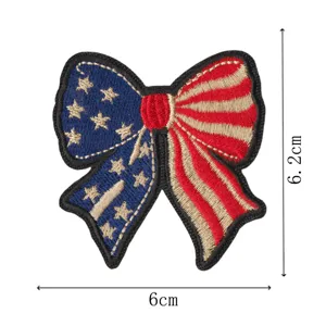 Close-up of American flag bow patch embroidery with clear size markers and fine stitching detail.