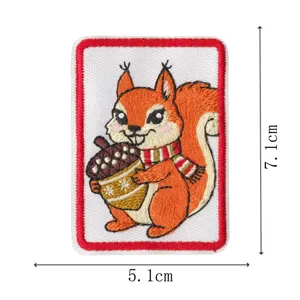 Cute squirrel embroidered patch with red border, perfect for clothing DIY and backpack decor.