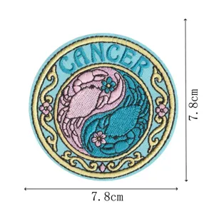 Retro aesthetic Cancer zodiac round embroidered patch, detailed blue badge for DIY clothing backpacks.