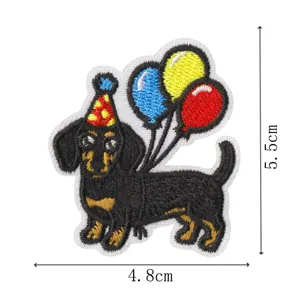 Dachshund embroidered patch detail, cute puppy design with colorful balloons, premium finish.