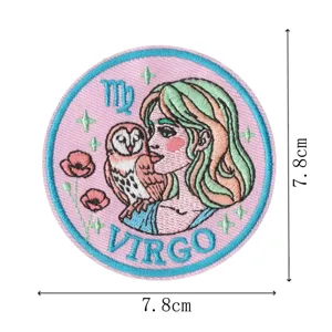 Detail view of the retro Virgo zodiac embroidered patch featuring a dreamy girl and owl design.