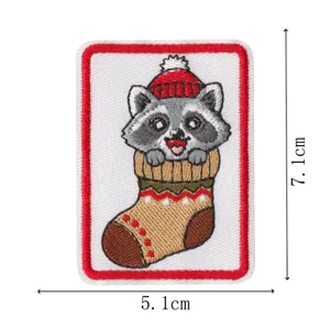 Christmas raccoon embroidery patch cute holiday clothing accessory iron-on badge decor 7x5cm