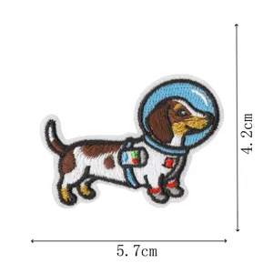 Cute astronaut dachshund embroidery patch, detailed stitching, perfect for jacket decor.