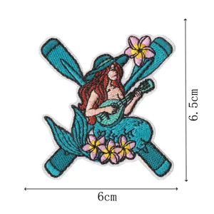 Écusson brodé sirène vintage avec guitare et fleurs tropicales thermocollant vêtement