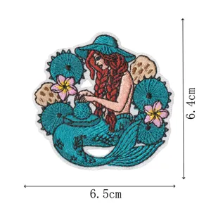 Écusson brodé sirène vintage avec cactus et fleurs, applique thermocollante pour vêtements.