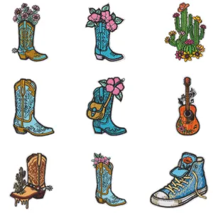 Westliche Cowboy bestickte Aufnaeher Kaktus Gitarre Blumen Stiefel Abzeichen DIY Kleidung
