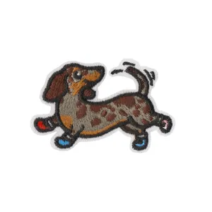 Cute dachshund embroidered patch, running puppy iron-on badge for denim jacket, repair.