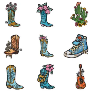 Vintage Western Cowboy Stiefel Kaktus bestickte Aufnäher Set für Kleidung DIY Jacke Rucksack