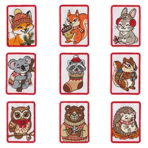 Christmas forest animal embroidery patches set, 9 cute winter cartoon iron-on fabric badges.