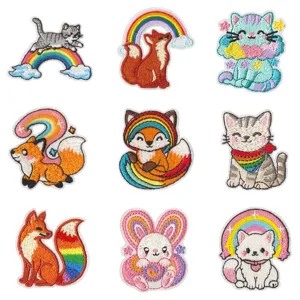 Macaron arcobaleno simpatico animale ricamo toppe, gatto volpe coniglio toppe termoadesive.