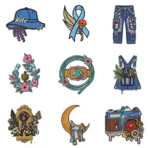 American West Coast embroidered patches set, vintage denim hat and camera iron-on appliques.