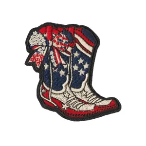 American flag patriotic cowboy boot embroidered patch with bow, iron-on clothing badge.
