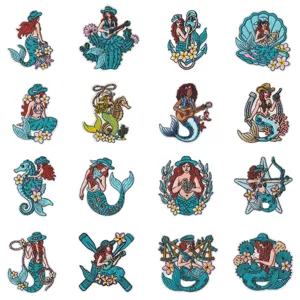 Set de patchs brodes sirene vintage, appliques thermocollantes cactus ancre pour vetements.