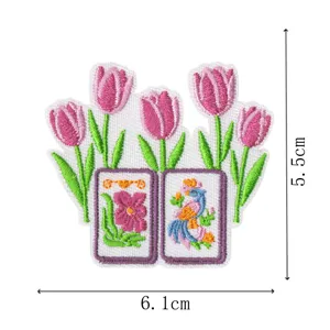 Parche Bordado de Tulipanes y Fichas de Mahjong Termoadhesivo para Ropa 6.1x5.5cm DIY