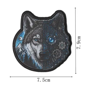 Cyberpunk wolf embroidery patch detail showing mechanical gear eye and mountain graphic design.