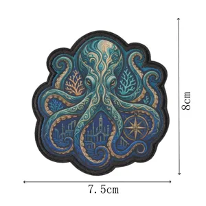 Detailed close-up of fantasy octopus embroidered patch for tactical gear and backpacks.