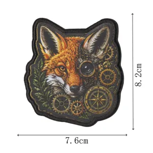 Steampunk fox embroidered patch with gear and compass, ideal for tactical jackets.