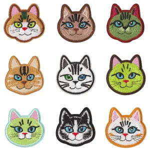 Colorful Cartoon Cat Head Embroidered Patches Polyester Cotton Iron On Applique For Clothing Repair DIY Badge