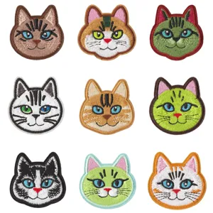 Colorful cat head embroidery patches, cute cartoon iron-on appliques for clothing repair.