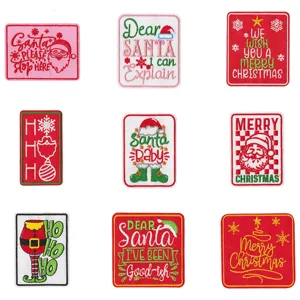 Retro Christmas embroidered patches set featuring Santa Claus and holiday text designs.