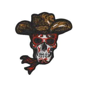 Patch brodé tête de mort cowboy cool avec chapeau et lunettes de soleil pour veste DIY.