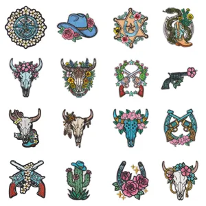Western cowboy embroidered patches set, vintage cactus skull and floral iron-on appliques.