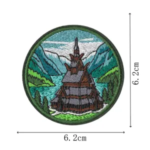 Écusson brodé paysage église en bois debout norvégienne, badge thermocollant pour sac.