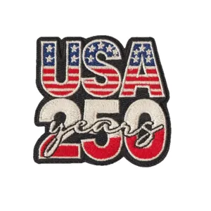 USA 250 years anniversary embroidered patch with American flag elements for custom clothing decor.