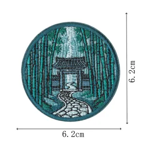 Patch brodé forêt de bambous pittoresque, badge rond thermocollant pour vêtements.