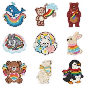 Cute Cartoon Animal Embroidery Patches Rainbow Bear Penguin Whale Rabbit Iron On Applique Clothing DIY Repair