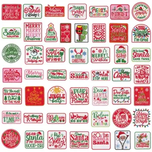 Christmas embroidery patch detail showing various holiday slogans and cute Santa designs.