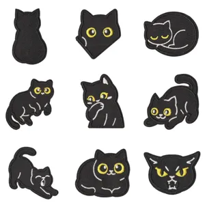 Black cat embroidered patches set, cute cartoon kitten sew-on badges for clothing repair.