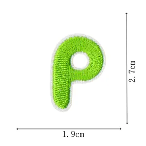 Green letter P embroidered patch detail view showing size 1.9x2.7cm for DIY clothing.