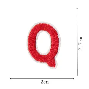 Red white letter Q embroidery patch detail view, mini DIY clothing accessory size 2.7x2cm.